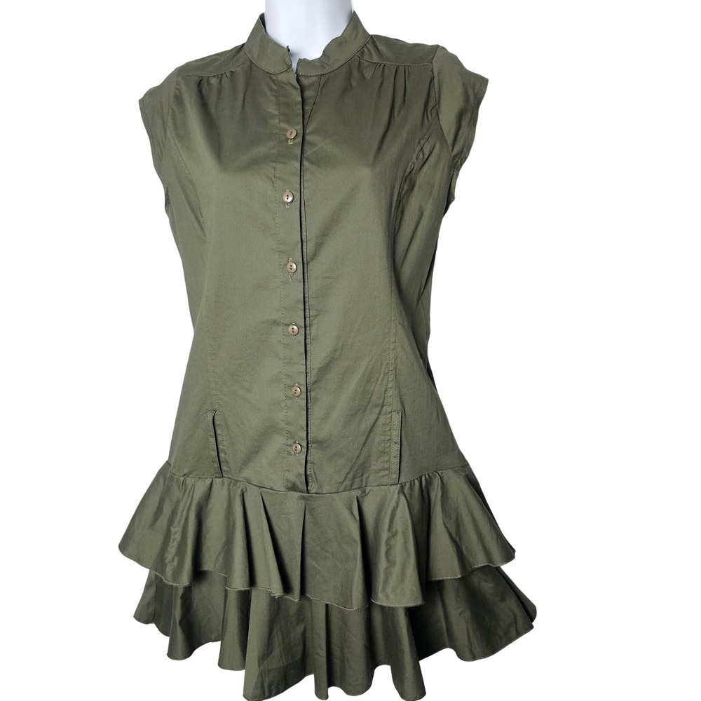 Shasa Made In USA Mini Dress Womens S Olive Button Front Ruffle‎ Hem Cotton